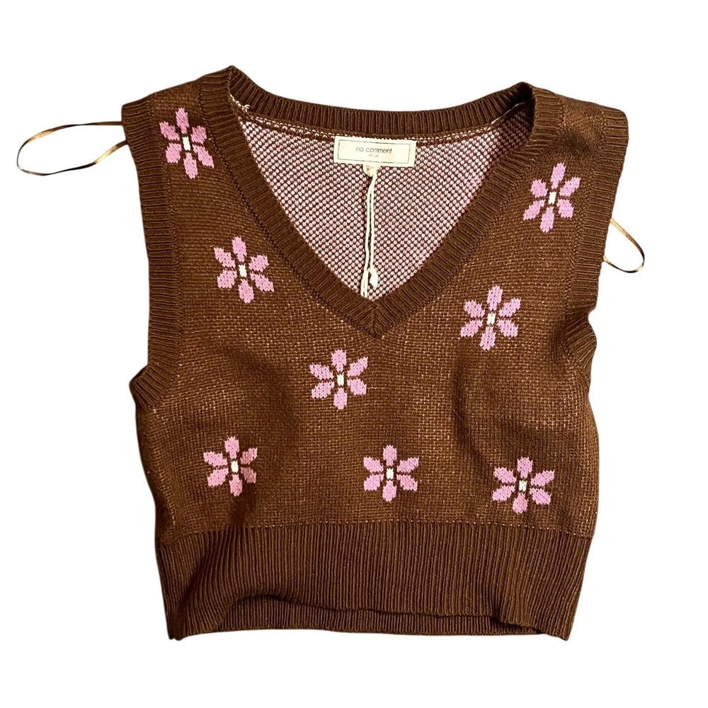 No Comment NY-LA Women's Size L Brown Floral Knit Crop Sweater Vest V-Neck